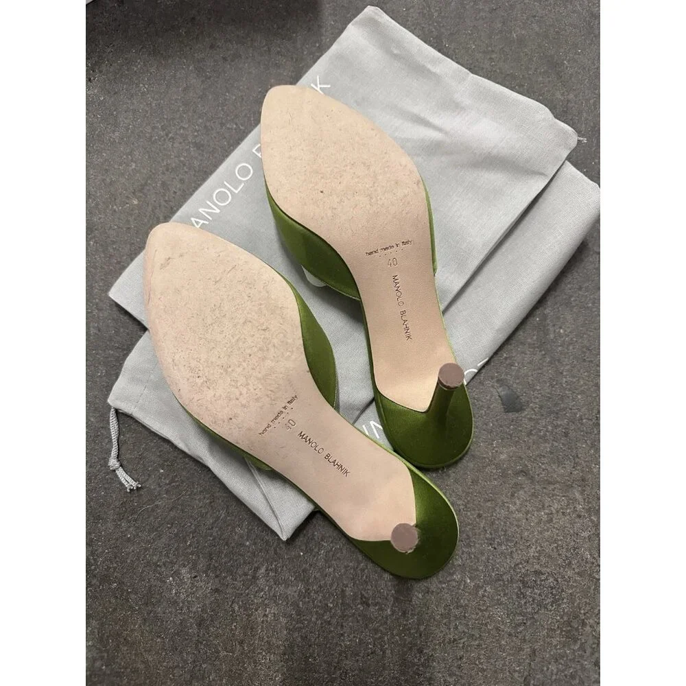 Manolo Blahnik Satin Hangisimu 70 Mule Heels Green Satin - Picture 9 of 13